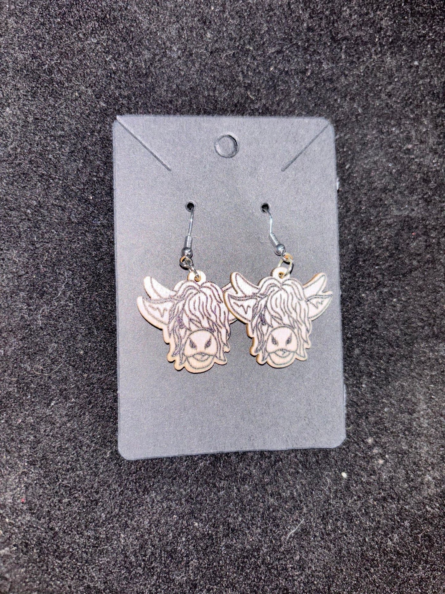 Wood Highland Cow Dangle Earrings