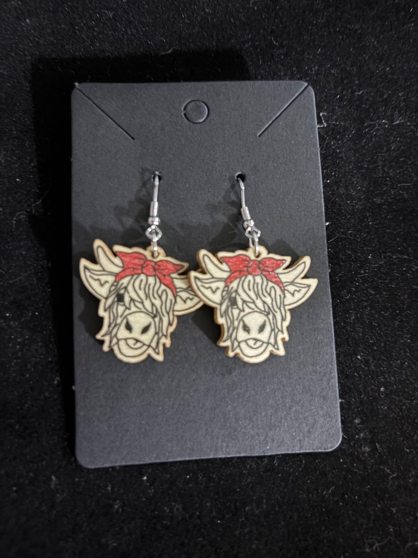 Wood Highland Cow Dangle Earrings